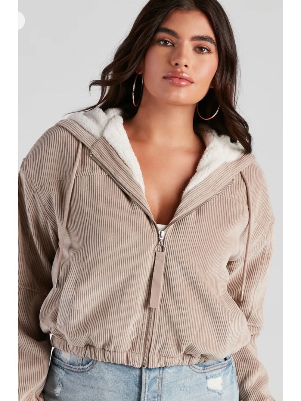 Ashley By 26 International Taupe Cropped Sherpa lined Corduroy Bomber Jacket